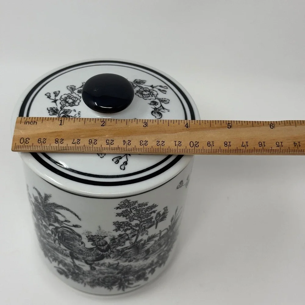 Vintage Aux Au Provence Black White Rooster Toile Canister French Country